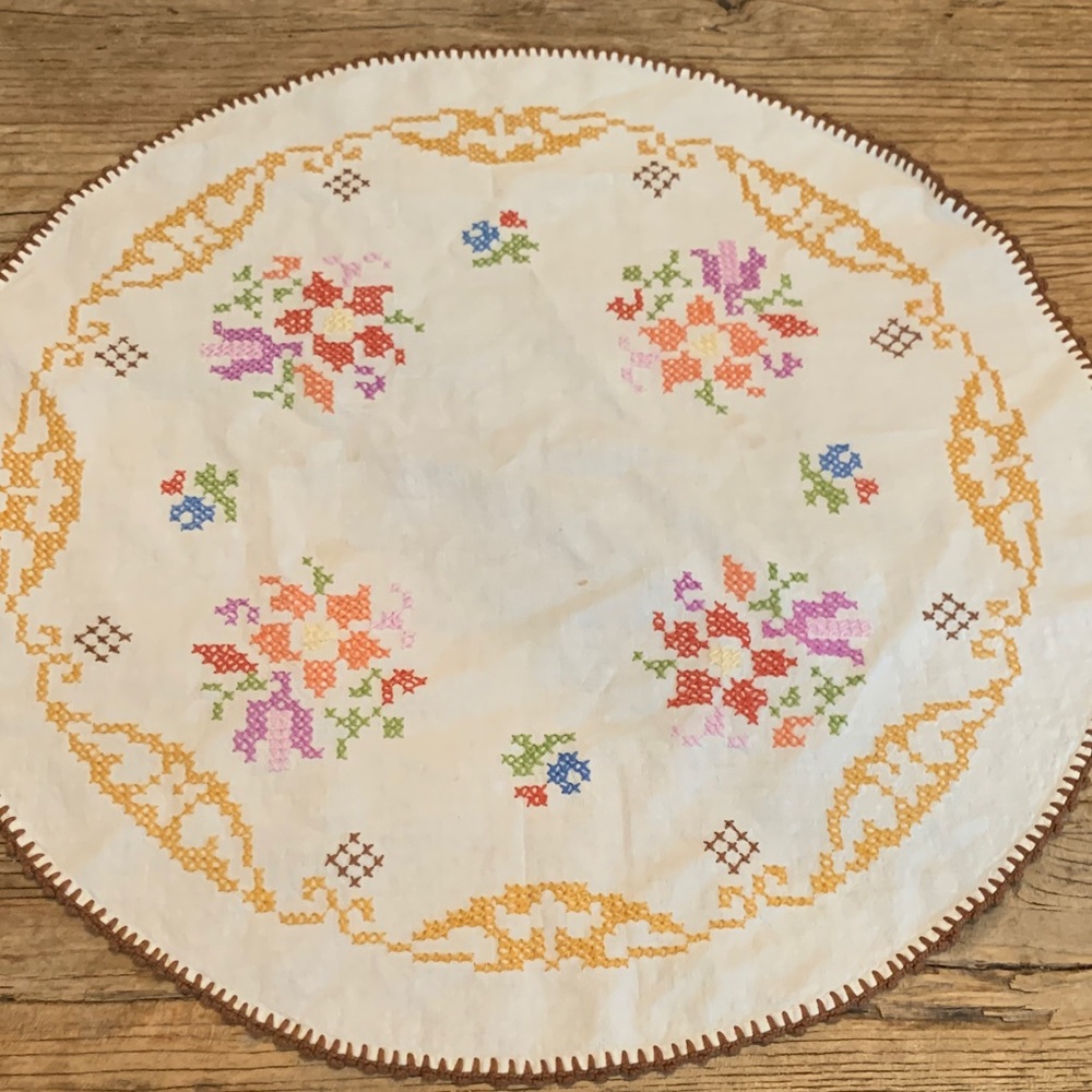 Handmade Cross Stitch Embroidery Center Piece Doily Cottagecore
